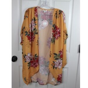 Umgee Yellow Floral‎ Kimono Cardigan Lightweight Open Front Women's M/L